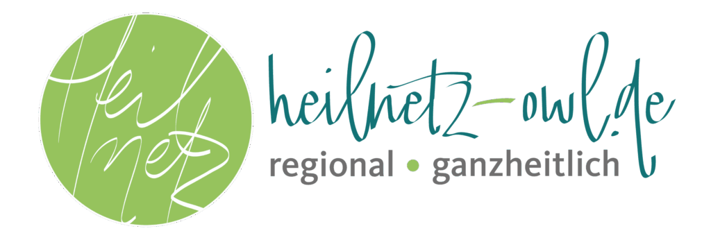 Logo Heilnetz OWL: Grüner Kreis, darin in weißer Schreibschrift das Wort Heilnetz, rechts daneben steht in dunkelgrün heilnetz-owl,